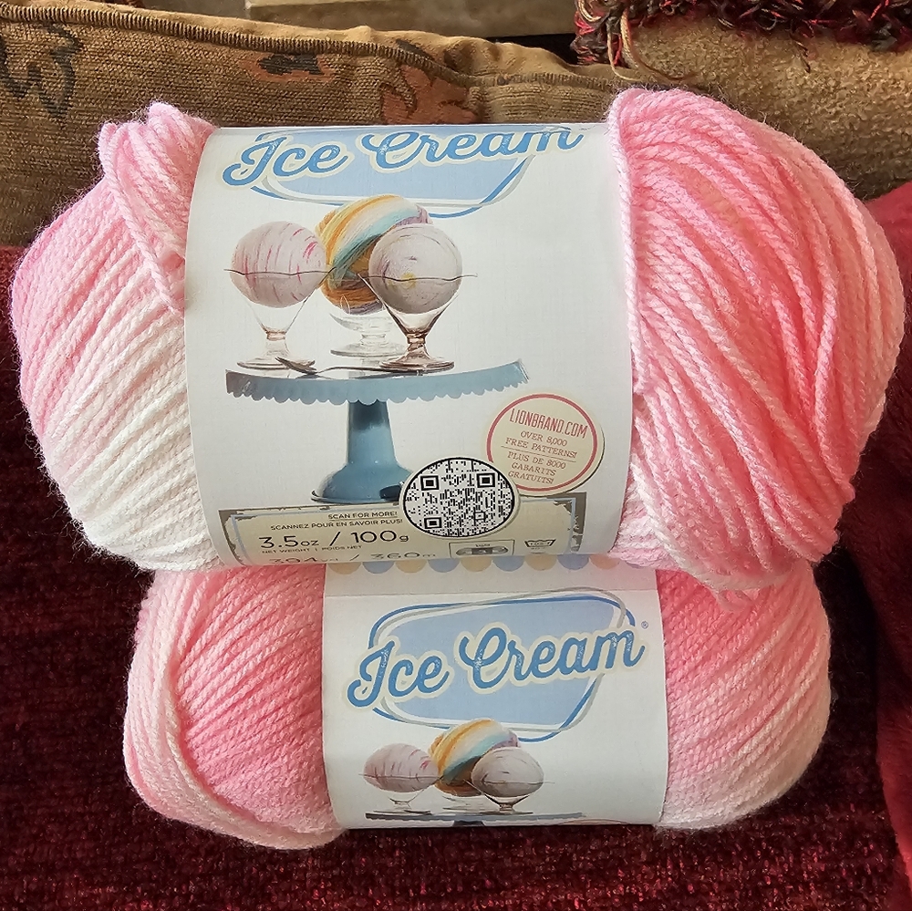 NWT 3-skein Bundle Lion Brand Ice Cream Acrylic Yarn - Strawberry.